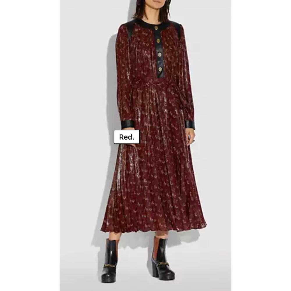 COACH Lurex Horse Carriage Print Pleated Dress Silk Leather Trim Red 88469 XS